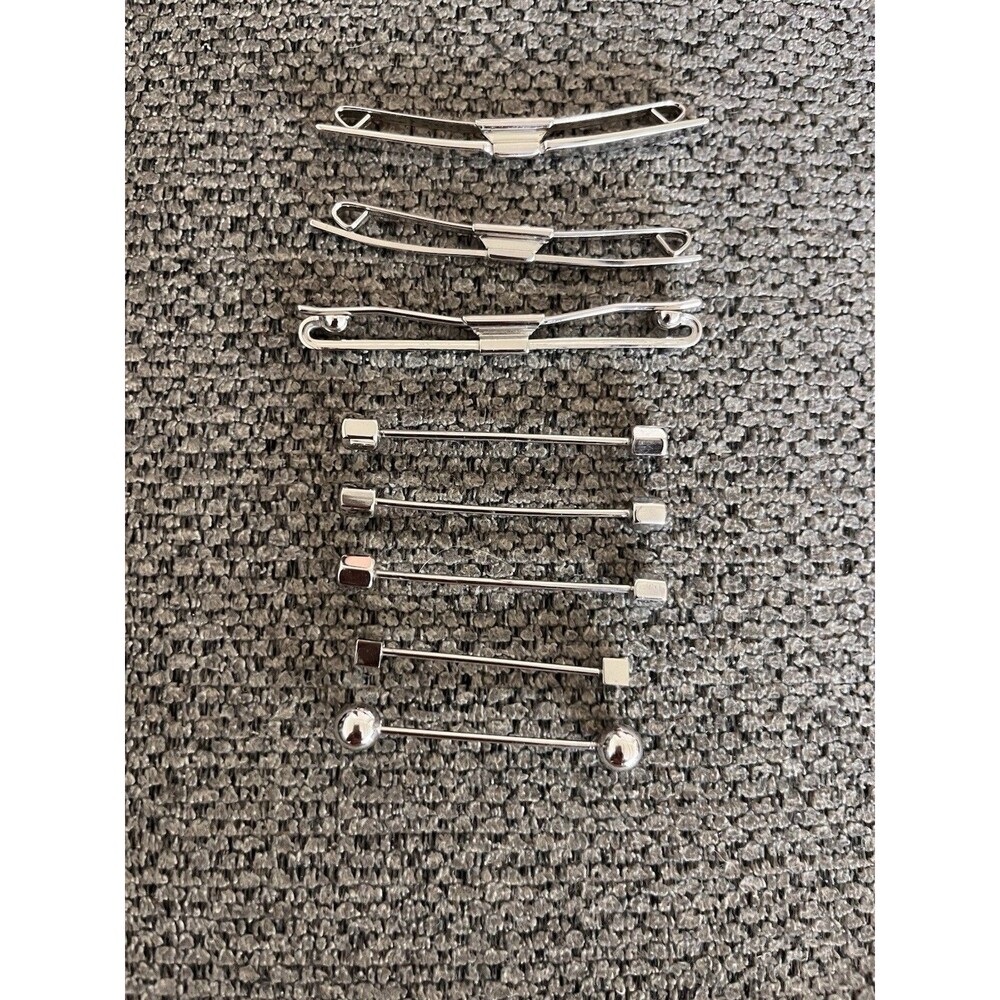 Vintage Silver Tone Collar Bar Lot (8 Pcs) - Slide-On Clips & Barbell Dumbbell